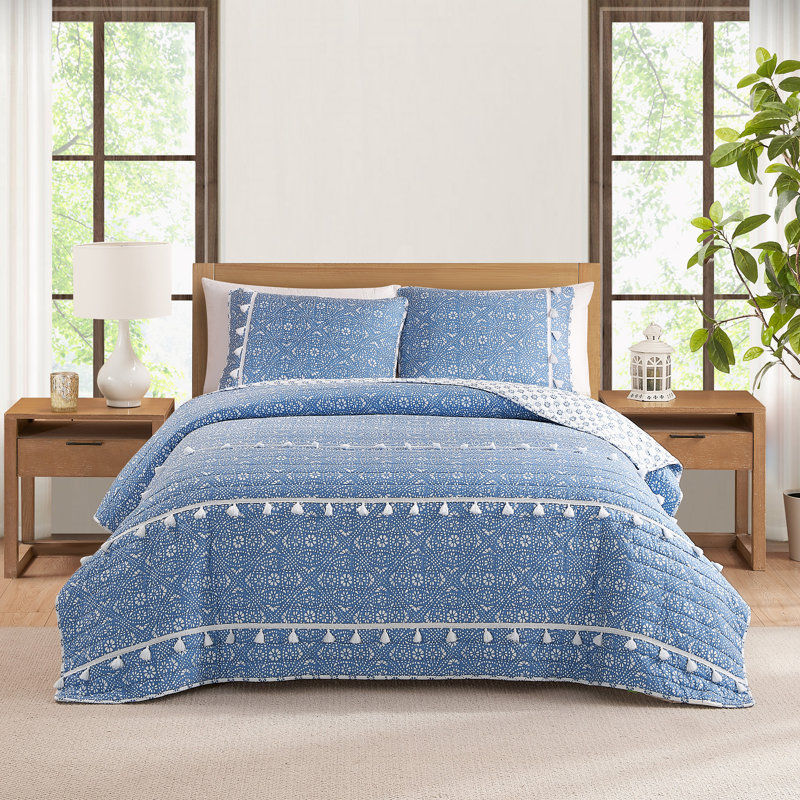  Ensemble de courtepointe toutes saisons en microfibre à motif médaillon avec pompons DESIGN STU DVD Pasadena, Bleu