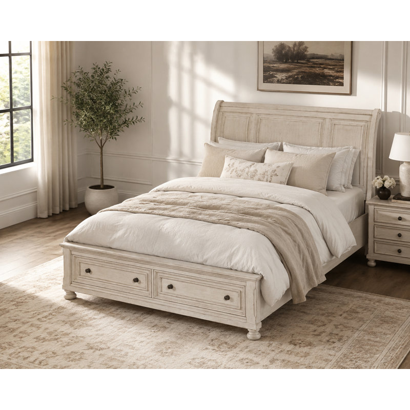 Lit plateforme avec rangement Alek, Grand, Blanc antique