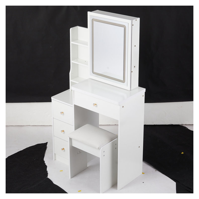 Ensemble de meuble-lavabo 29,2 po avec miroir à DEL - petit luminaire tricolore à commande tactile, tabouret rembourré et rangement, ensemble de meuble-lavabo blanc American Design
