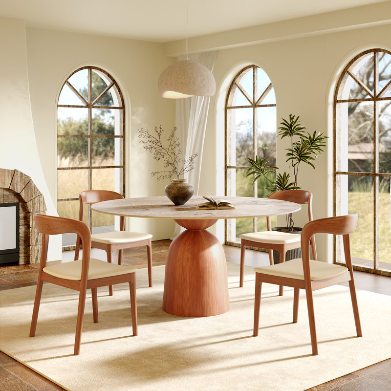 Mid-Century Modern Round Dining Table, 39"/43"/47"/53"/59" Sintered Stone Top, Solid Wood Base, Farmhouse Kitchen Table, Stain & Scratch Resistant