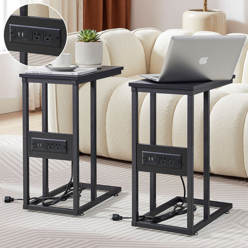 C End Table With USB And Built-In Outlets, Black Top/Black Base