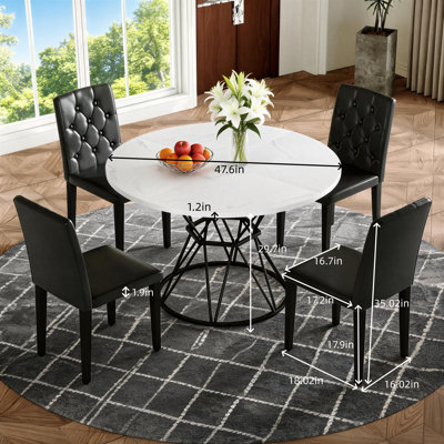 A 47.6-Inch Round White MDF Dining Table With A Black Hourglass Metal Frame And Four Ergonomic Buckle PU Dining Chairs.