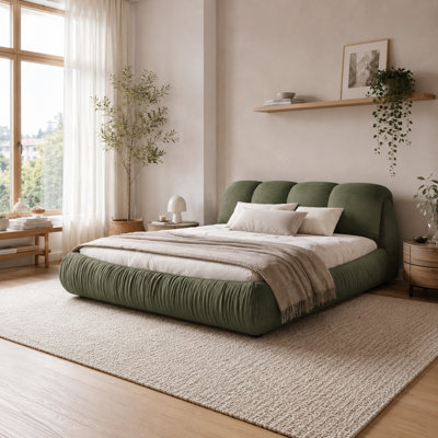 Lit plateforme tapissier moderne en polyester avec pieds en bois massif