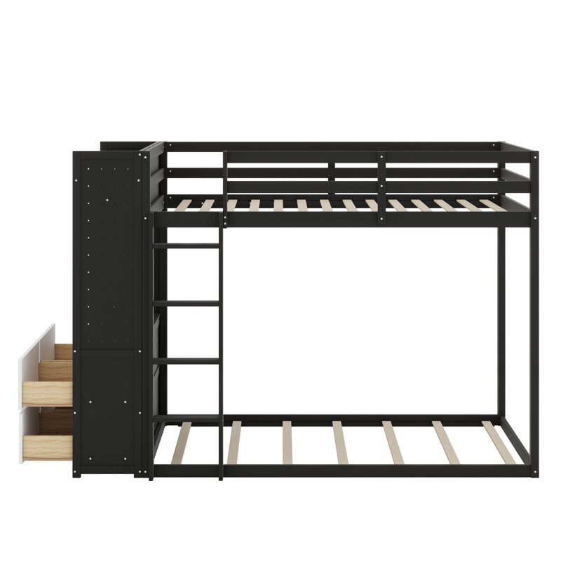 Lit superposé simple avec 4 tiroirs pour le rangement, tringle, barre lumineuse, tablettes intégrées et planches doubles perforées, plusieurs couleurs