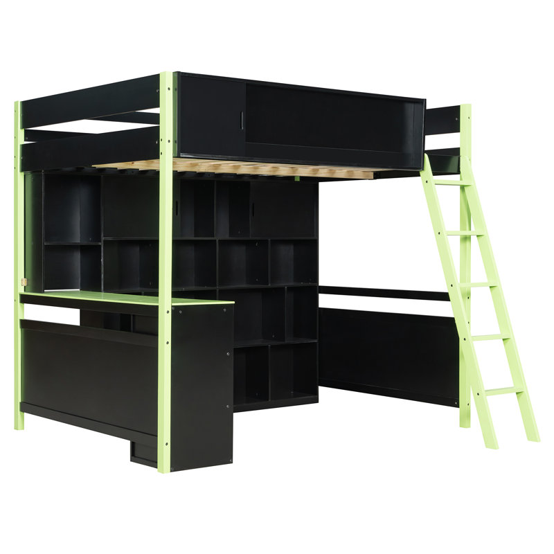 Lit mezzanine double en bois vert avec bureau, avec rangement et lumières DEL