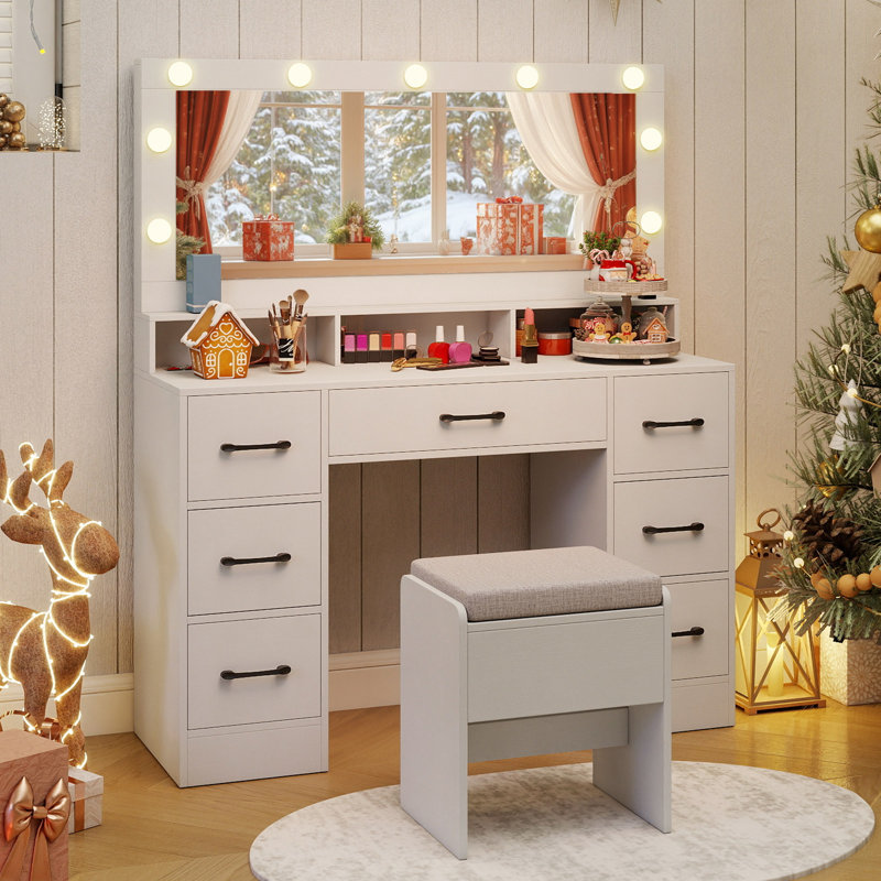 Vanity Desk w/Mirror & Lights Power Outlets 3 Color Lighting Modes 7 Drawers