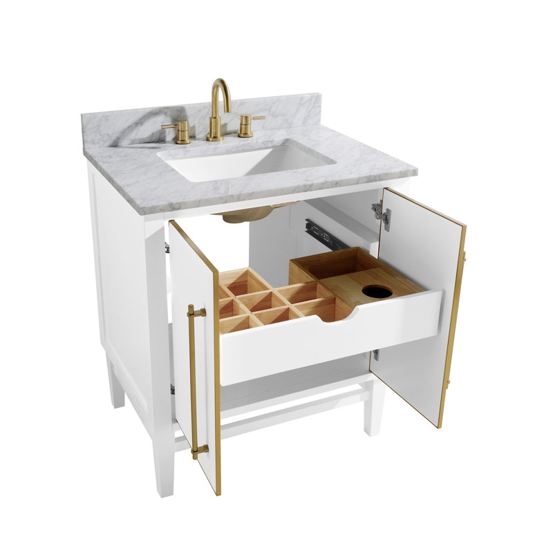 Ensemble de meuble-lavabo simple l 31 po Ewen avec plateau en marbre de Carrare, Blanc de Carrare, Or mat, Bleu marine