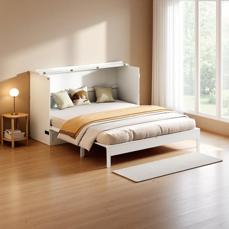 Murphy Bed With Large Drawers, White, Queen