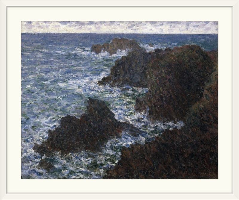 Les roches à Belle-Île par Claude Monet - reproduction, Cadre blanc, H 20 po x l 23 po x P 1 po