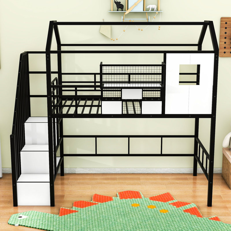 Twin Metal Loft Bed With Roof Design, Black