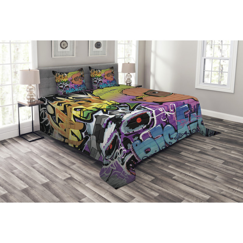 Adain Orange/Green Microfibre Bedspread Set, 220 x 264 cm