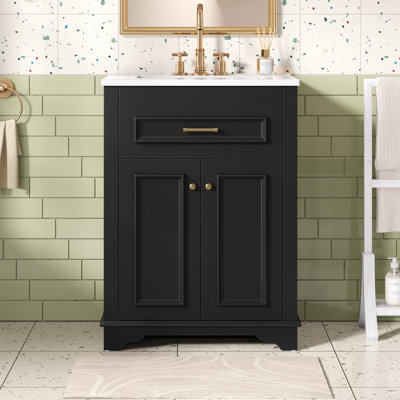 Meuble-lavabo de salle de bain avec lavabo en céramique intégré, portes doubles et tiroir basculant pour les petites et moyennes salles de bain