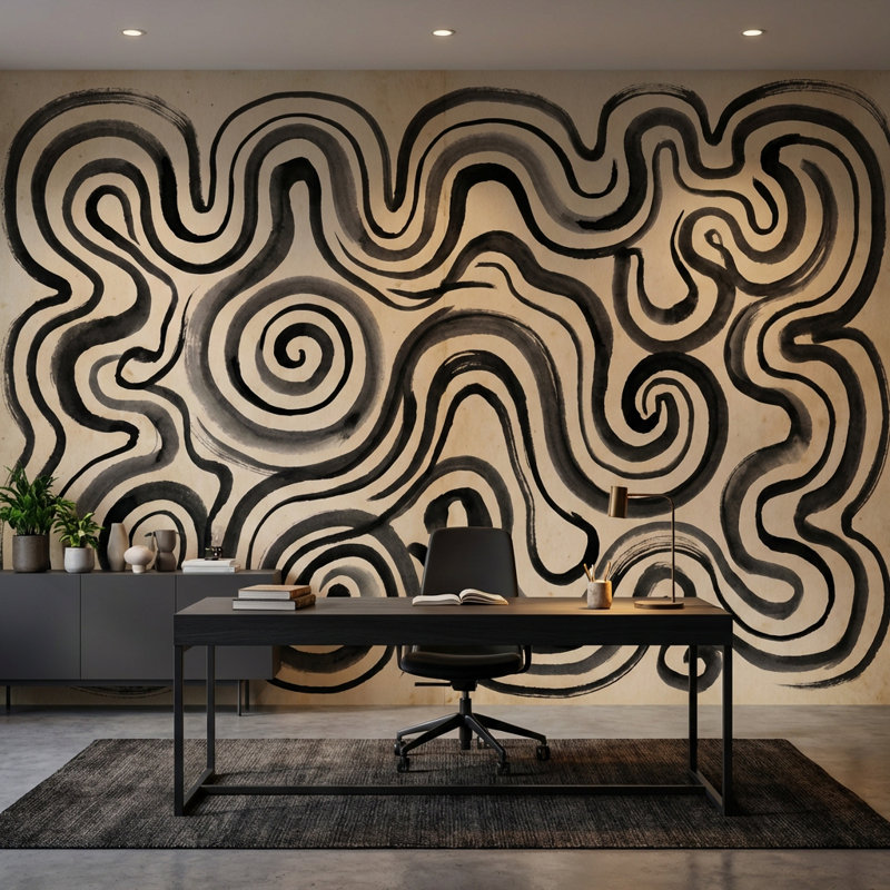 Papier peint abstrait labyrinthe en spirale, Non tissé, 140 po x 108 po