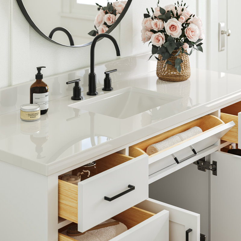 Tidworth Solid Wood Single Bathroom Vanity with 1.5'' White Quartz Top, White, Rectangular