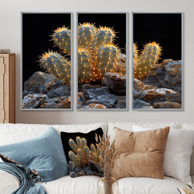 Ensemble de salon art mural jaune Cactus I, H 40 po x l 60 po, Encadrement argenté