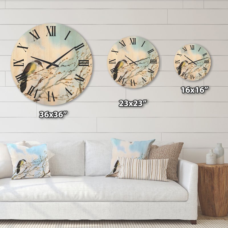 Horloge murale oiseau en bois avec ciel nuageux, Très grand