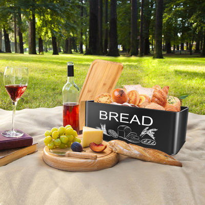 Boîte à pain noire, grande boîte à pain verticale en métal peu encombrante avec couvercle en planche à découper, peut contenir plus de 2 pains, bacs à pain de style maison de campagne, boîte à pièces de cuisine 12,99 po x 7,08 po x 4,72 po