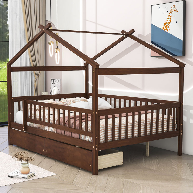 Heulwen Two Drawers Wooden House Bed, Full, Walnut