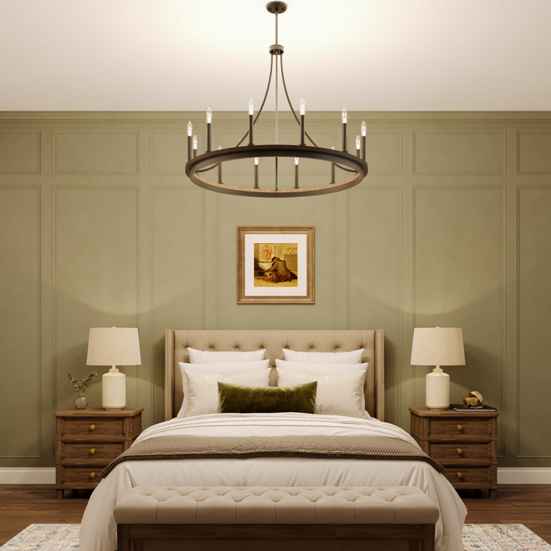 Marconi 12-Light Dimmable Wagon Wheel Chandelier, Weathered Walnut