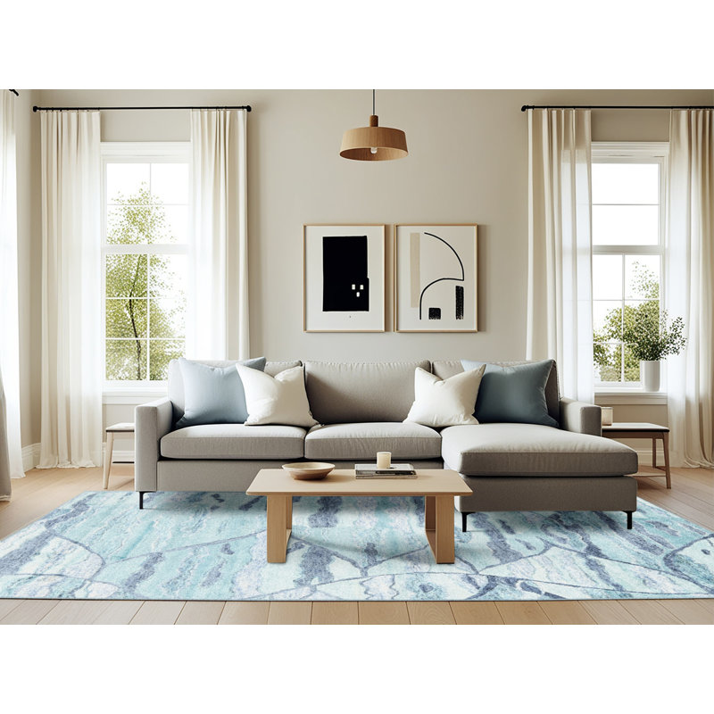 Tapis bleu/gris contemporain, Rectangle 6 pi 0 po x 9 pi 0 po