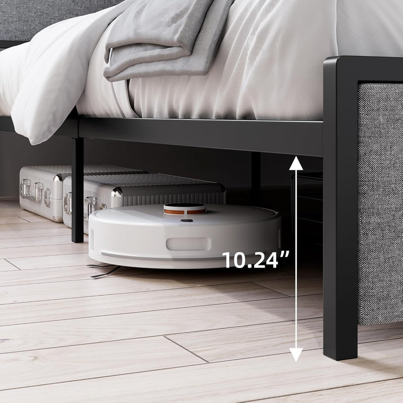Structure de lit plateforme très grand avec tête de lit tapissier, 2 tiroirs de rangement et ports USB, robuste et sans bruit, aucun sommier nécessaire, gris