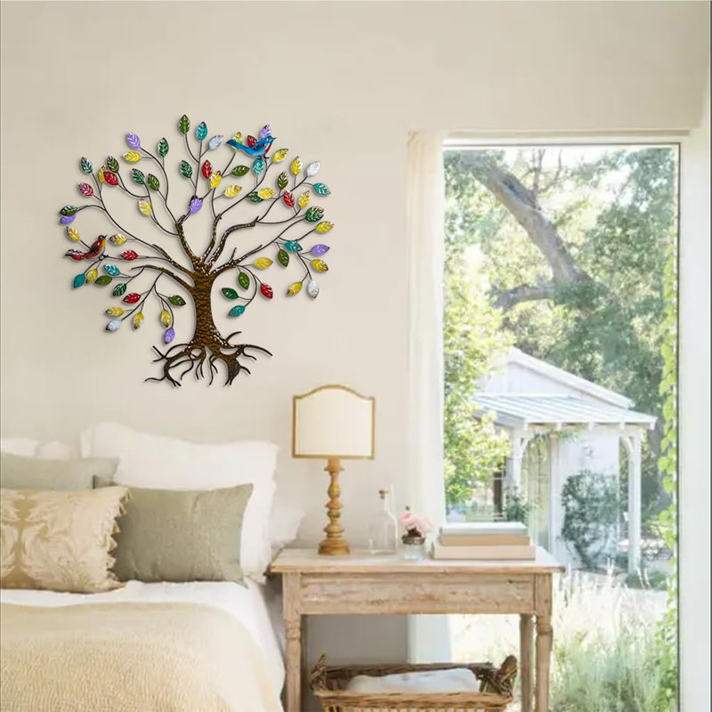 Arbre de vie en métal, sculpture de colibri à feuilles colorées pour décoration de jardin extérieur