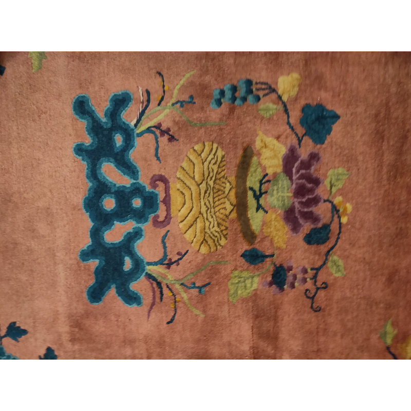 Floral Medallion Rectangle Hand Knotted Pile 1920s Antique Wool Coral / Salmon Pink Rug