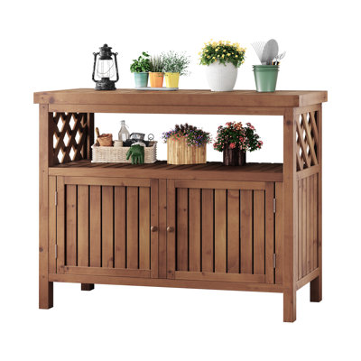Table de rempotage extérieure en sapin massif avec armoire de rangement, noyer, ensemble de 2