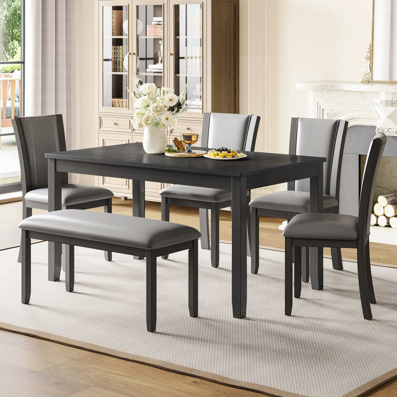 Table de salle à manger grise 6 avec banc et chaises. Conception moderne en bois pour la pièce. Stable et confortable. Assemblage facile et chaises, gris. Style de sièges confortables. À assembler