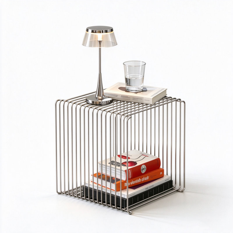 Modern End Table，Square Wrought Iron Sofa Side Table, Silver.