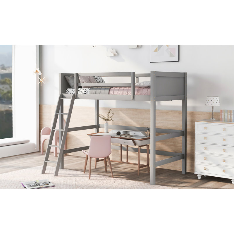 Solid Wood Loft Bed With Twin Size , Gray - Elegant And Modern Design Enhanced Bedroom Comfort, Gray