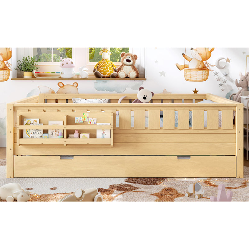 Lit avec bibliothèque intégrée et petit escalier, rails de sécurité de haute qualité et lit gigogne, Grand lit, Clair naturel