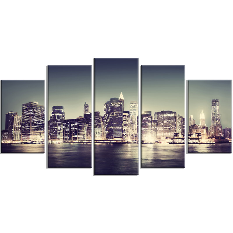 «Black and White New York City Night Panorama», ensemble de 5 reproductions de photos sur toiles tendues