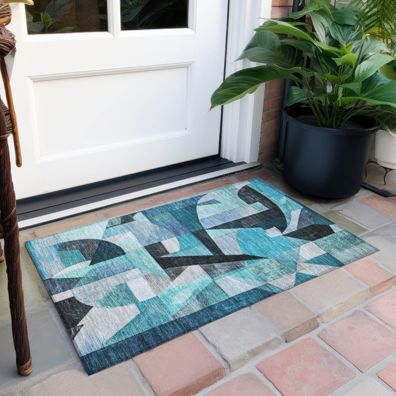 Machine Washable Indoor/Outdoor Xhevrie Teal Rug, Rectangle 1'8" x 2'6"