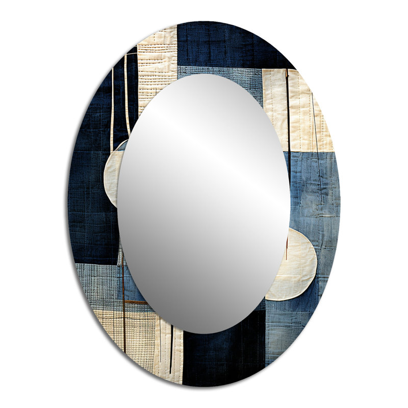 Collage géométrique bleu azur - Miroir mural moderne bleu ovale, H 40 po x l 30 po