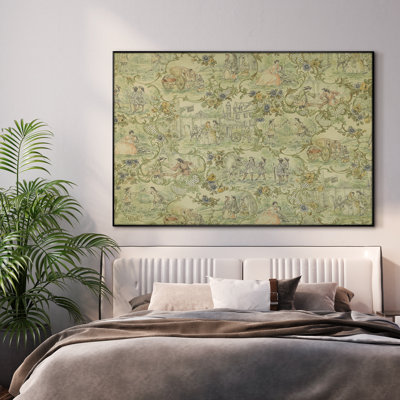 Extra Large Wall Art Fabric Print - Vintage Toile de Jouy Art, Pastoral Scene with Floral Scrolls and Historical Figures for Farmhouse Artwork Decor for Living Room or Bedroom - "Frame Assembly Required (Unfinished Frame)"