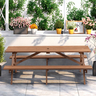 8-person Outdoor Wooden Picnic Table With 2 Seats And Umbrella Hole