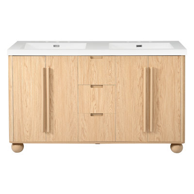 Meuble-lavabo double avec lavabos en résine, poignées en bois massif, grain de bois naturel, portes à fermeture douce et 3 tiroirs, tablettes réglables