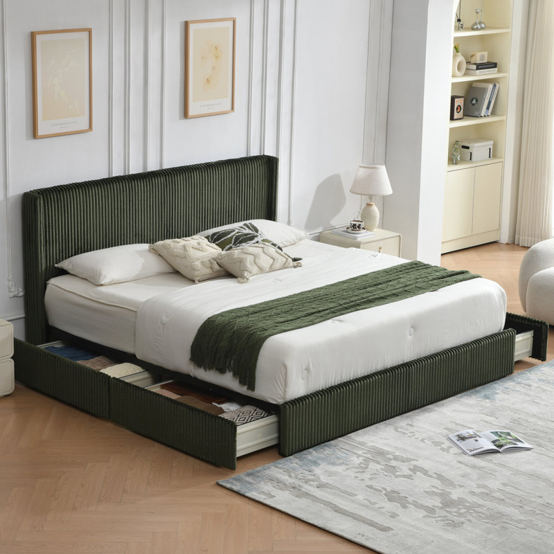 Upholstered Wingback Bed With 4 Storage Drawers, King, Turtle