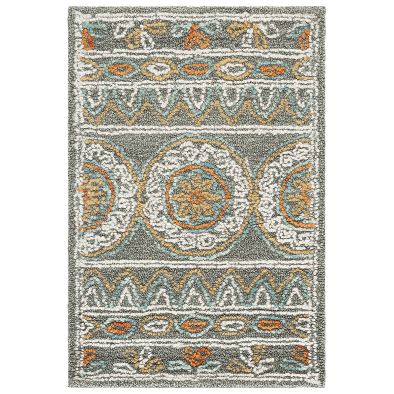 Muhtar Hand Tufted Wool/Cotton Floral Rug in Ivory/Grey, Rectangle 2' x 3'