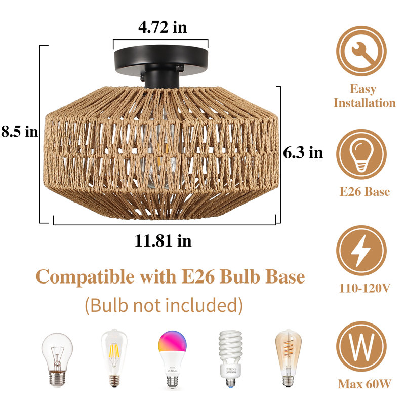 Zendaya   1- Light 11.81" Bohemian Dimmable Hand-woven Paper Rattan Lampshade Semi Flush Mount Ceiling Light for Hallways Storage Rooms Walk-in Closets