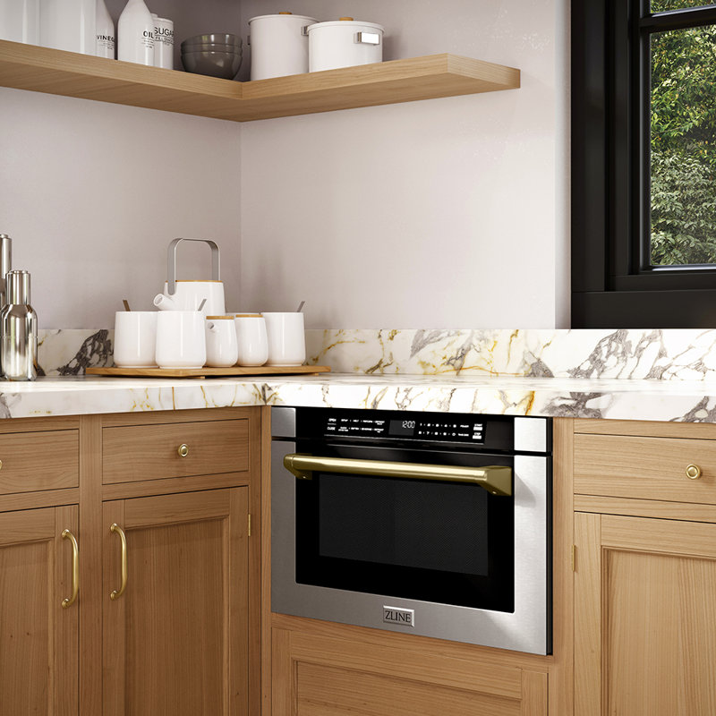 ZLINE 24" 1.2 cu. ft. Built-in Microwave Drawer with a Traditional Handle in Stainless Steel, Champagne Bronze