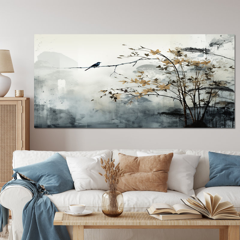 Asian Art Sumi Bird Serenity XVII Framed On Canvas Print, 16" H x 32" W, Wrapped Canvas