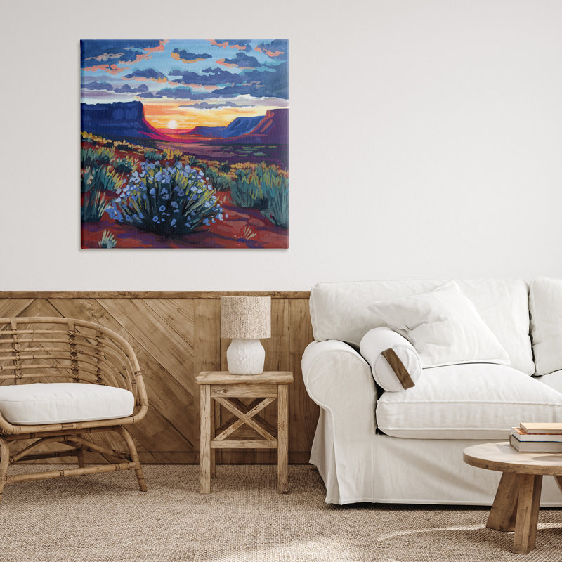 Coucher de soleil dans le désert sur toile de buisson en fleurs, design par Kate Jarvik Birch, H 30 po x l 30 po