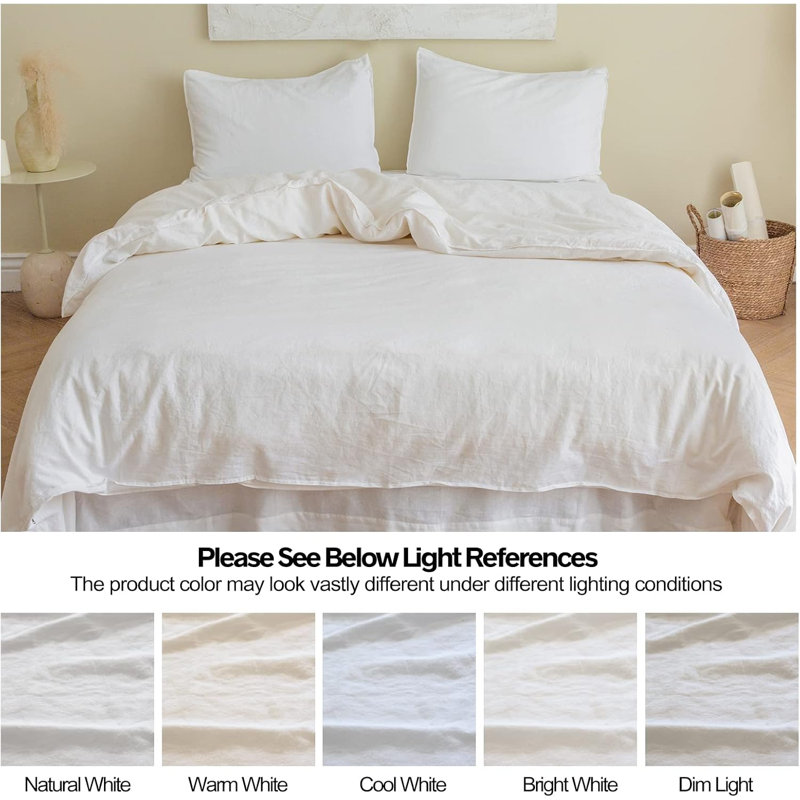 French Linen Duvet Cover Set 3Pcs With Hidden Zipper Closure Natural Flax Cotton Blend, White