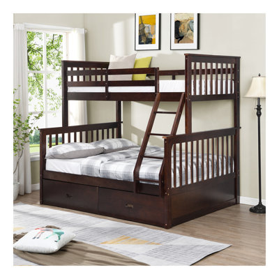 Twin Over Full Bunk Bed With Storage Drawers, Wooden Bunk Bed With Ladder And Safety Guard Rails –Espresso