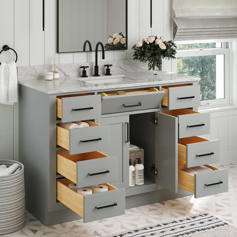 Jameal 48'' Solid Wood Single Bathroom Vanity with 0.75'' Carrara Marble Top Sink, Gray, Rectangular, 48"