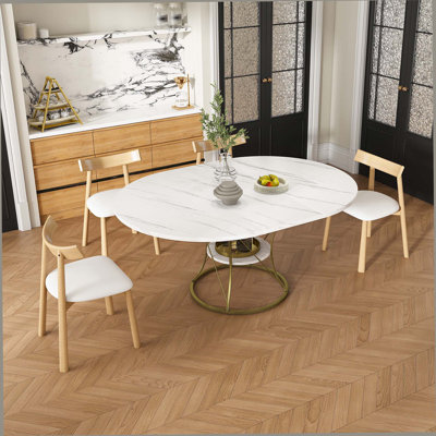 Ensemble de table de salle à manger extensible de 43 pouces pour 4 à 6 personnes avec 4 chaises en bois massif, table à rallonge manuelle sans rail avec placage en marbre et base en métal doré, table de ferme extensible de 43 à 59 pouces