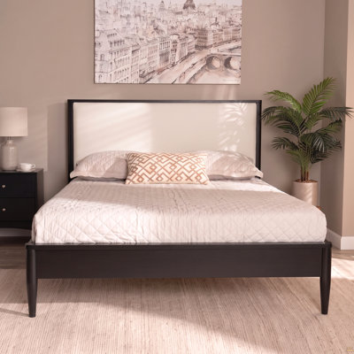 Lit plateforme de style Mid-Century moderne avec pieds fuselés, base de lit en bois massif grand lit, lit avec tête de lit tapissier Boucle, support de lattes en bois durable, aucun sommier nécessaire, noir