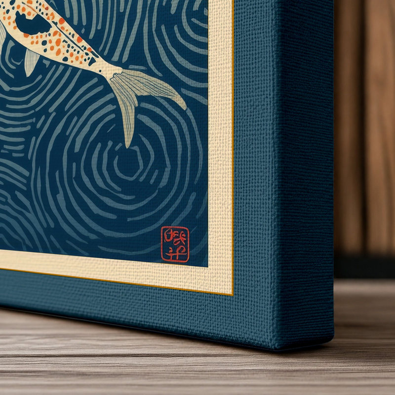 Koi in Ripples Japandi - Wrapped Canvas, 18x12 - 45.7 x 30.5 cm, Teal Border